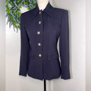 Iris, 2, navy blue,embroidered faux flap pockets, decorative button front blazer